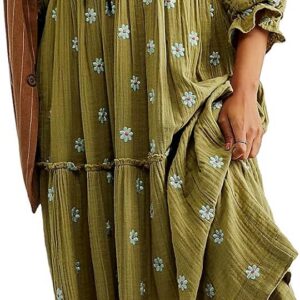 Women Bohemian Floral Dress Square Neck Ruffle Swing A Line Maxi Dress Long Sleeve Loose Beach Long Dress