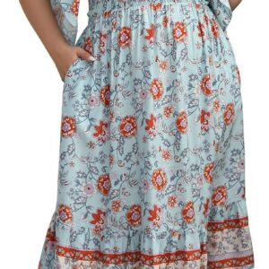 Keluummi Plus Size Wedding Guest Midi Dress for Curvy Women, Summer Casual Boho Floral Empire Waist Party Dress with Pockets