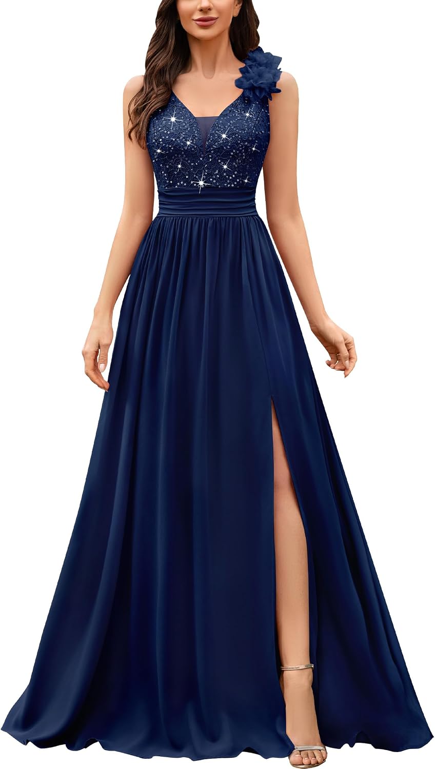 MIUSOL Women's Vintage V-Neck Sleeveless Sequined Lace Split Wedding Formal Evening Maxi Dress