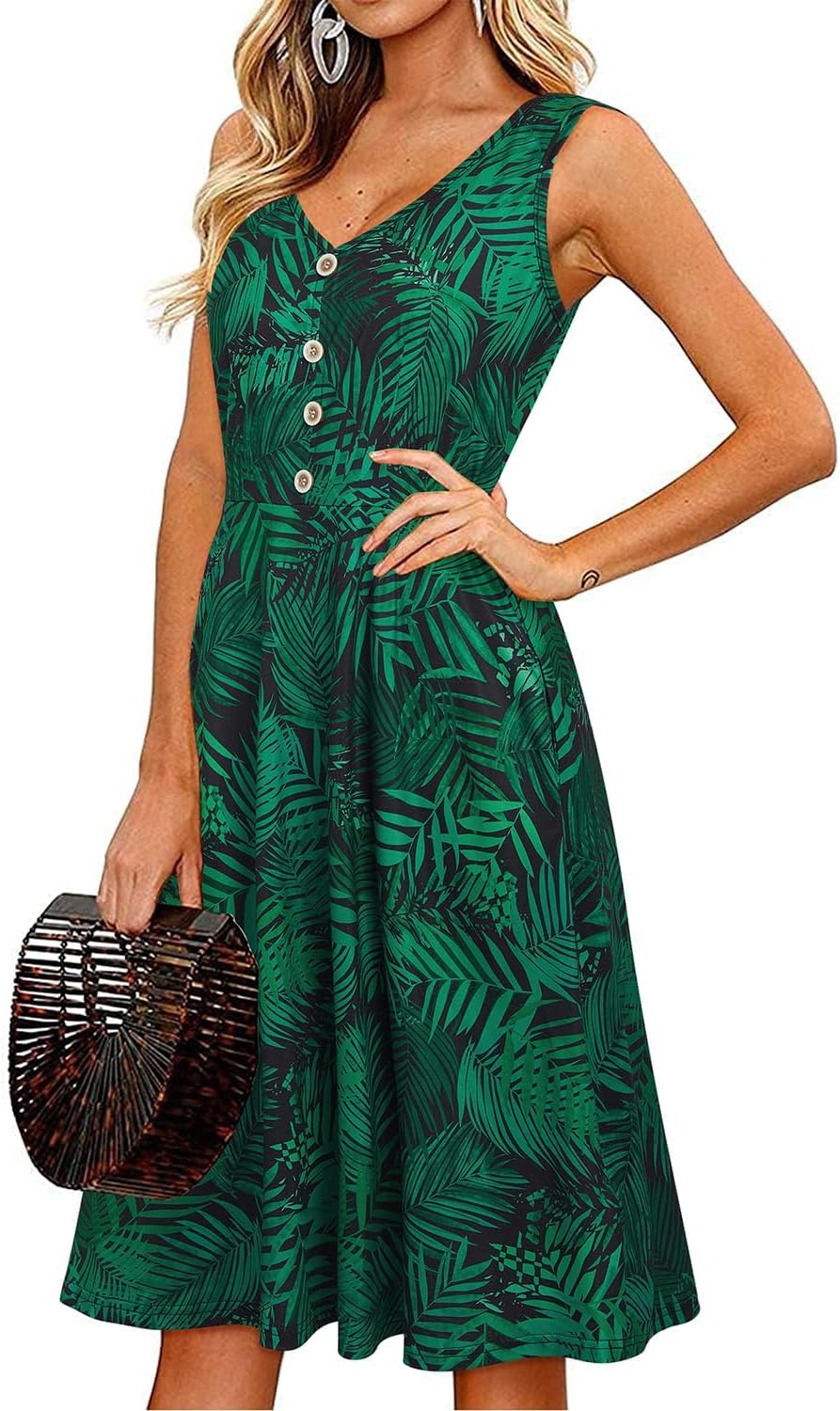 II ININ Women's Summer V Neck Sleeveless Casual Button Down Tank Dress Midi Floral Beach Party Sundress with Pockets