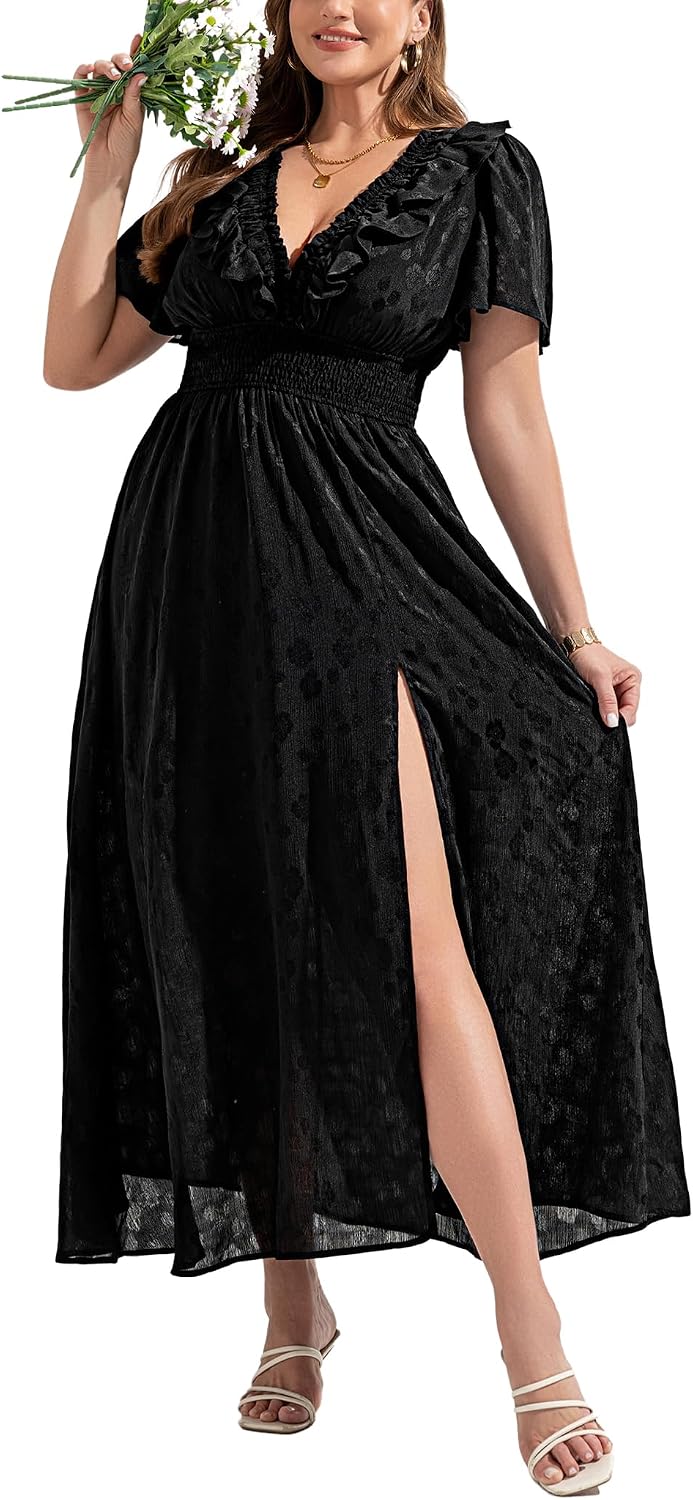 EYWOL Women's Plus Size 2025 Chiffon Maxi Dress V Neck Elastic Waist Long Flowy Dresses for Wedding Guest