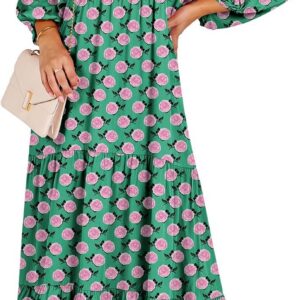 ANRABESS Womens Boho Maxi Dresses 2025 Summer V Neck Puff Sleeve Floral Flowy Swing Fall Casual Long Dress