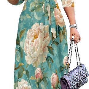 SUZONANA Plus Size Dresses for Women Floral Print Maxi Dress Flowy 3/4 Sleeve with Belt