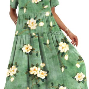 YESNO Women Short Sleeve Boho Summer Maxi Dress with Pockets EJFUK
