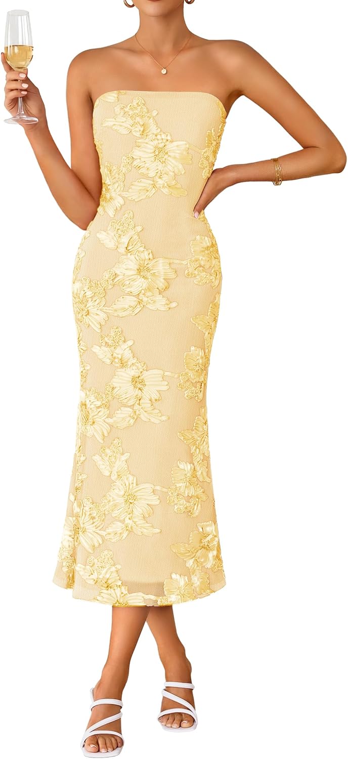 ZESICA 2026 Summer Strapless Floral Cocktail Wedding Guest Dress for Women