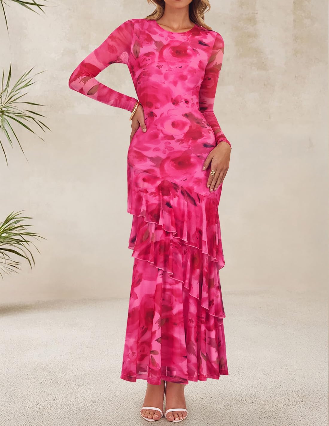 ZESICA Women's Fall Floral Wedding Guest Bodycon Dresses 2025 Long Sleeve Crewneck Mesh Ruffle Mermaid Party Maxi Dress - Image 4