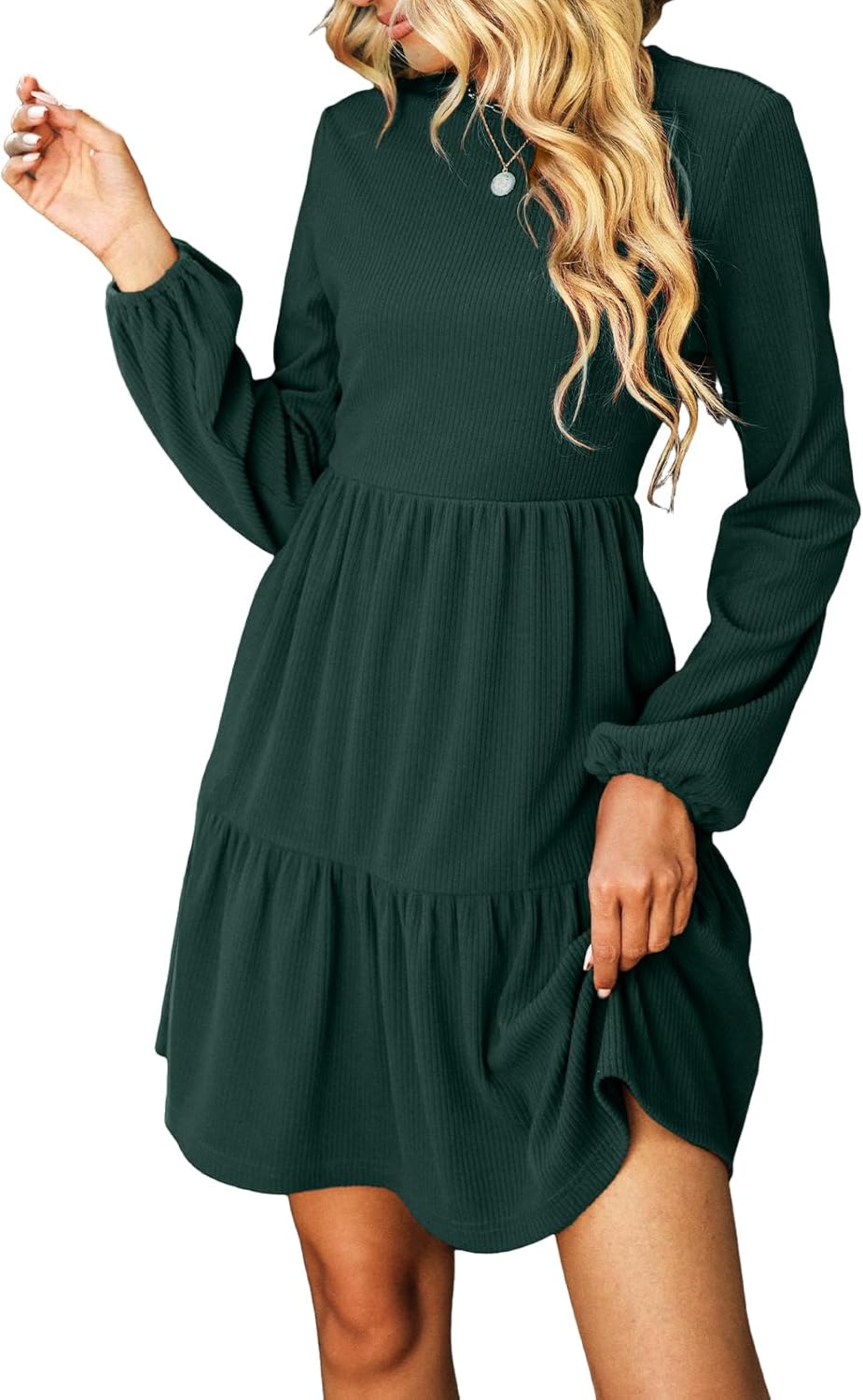 CUPSHE Women Mini Dress Ribbed Tiered Layered A-line Fall Round Neck Knitted Casual Party Tunic Dress