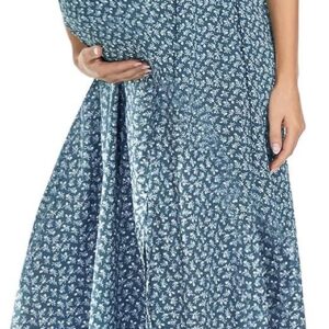 Floral Print V Neck Maternity Dress, Photoshoot Baby Shower Flutter Sleeve Smocked Boho Split A-Line Maxi Dresses