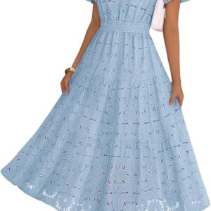 MEROKEETY Women’s Spring Summer Floral Maxi Dress 2026 Boho Eyelet Hollow Out Lace Short Sleeve A Line Tiered Flowy Dresses