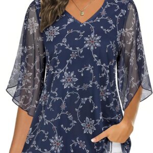 Syphiby Womens Overlap Ruffle Sleeve V Neck Elastic Mesh Blouse Loose Flowy Tunic Tops