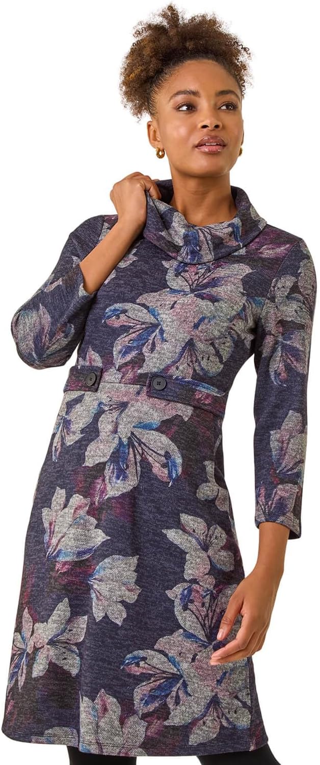 Roman Cowl Neck Dress for Women UK - Ladies Button Detail Shift Work Office Autumn Winter Knee Length Casual 3/4 Full Length Sleeve Round High Warm Neckline
