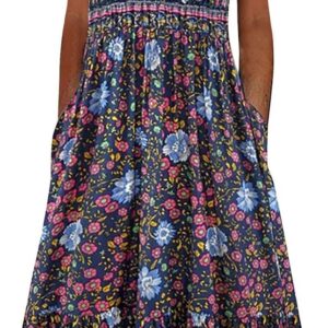 Boho Dresses for Women UK Italian Short Sleeve Button V Neck Dress with Pocket Ladies Floral Casual Sundress Elegant Swing Midi Dress Loose Pullover Lounge Dresses Beach Holiday Sundress