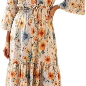 Women Midi Dress Viscose, Floral Print, 3/4 Sleeves