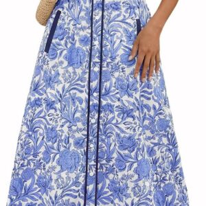 Wenrine Womens Summer Floral Midi Dress Casual Tie Strap Sleeveless Smocked Button Boho Flowy Beach Sundress with Pocket
