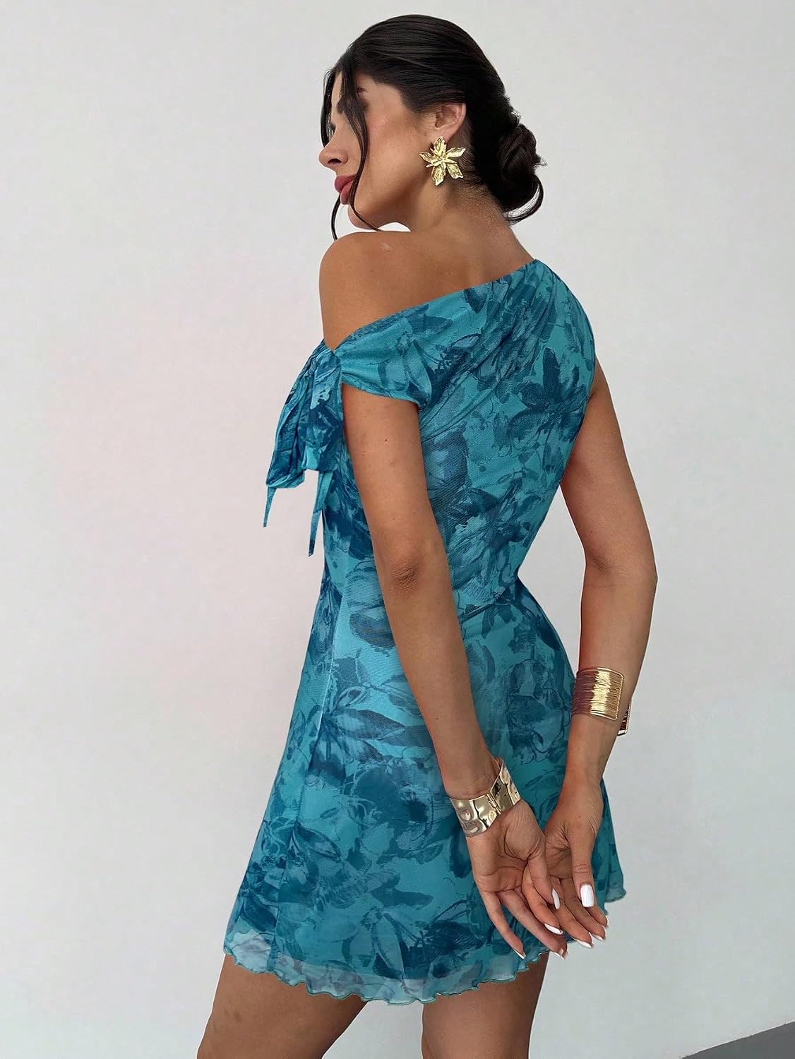 Narecte Women’s One Shoulder Floral Mini Dress Self Tie Summer Dress - Image 4