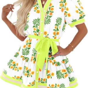 Wenrine Womens Summer Floral Mini Dress Puff Short Sleeve V Neck Button Down Casual Loose Boho Beach Dresses with Belt