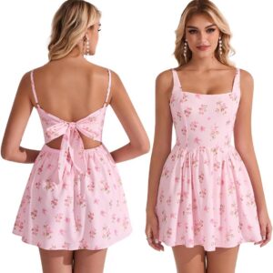 Floral Mini Sundress Casual Bow Tie Square Neck Ruffle A Line Graduation Beach Short Dress for Women 2026