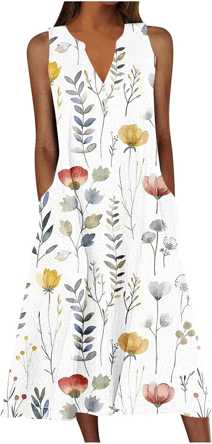 Midi Dresses for Women UK Sleeveless V Neck Floral Dress Summer Casual Loose Fit Long Dresses with Pockets Comfy Lounge Tank Vest Dress Beach Holiday Plus Size Elegant Sundress Sale Clearance