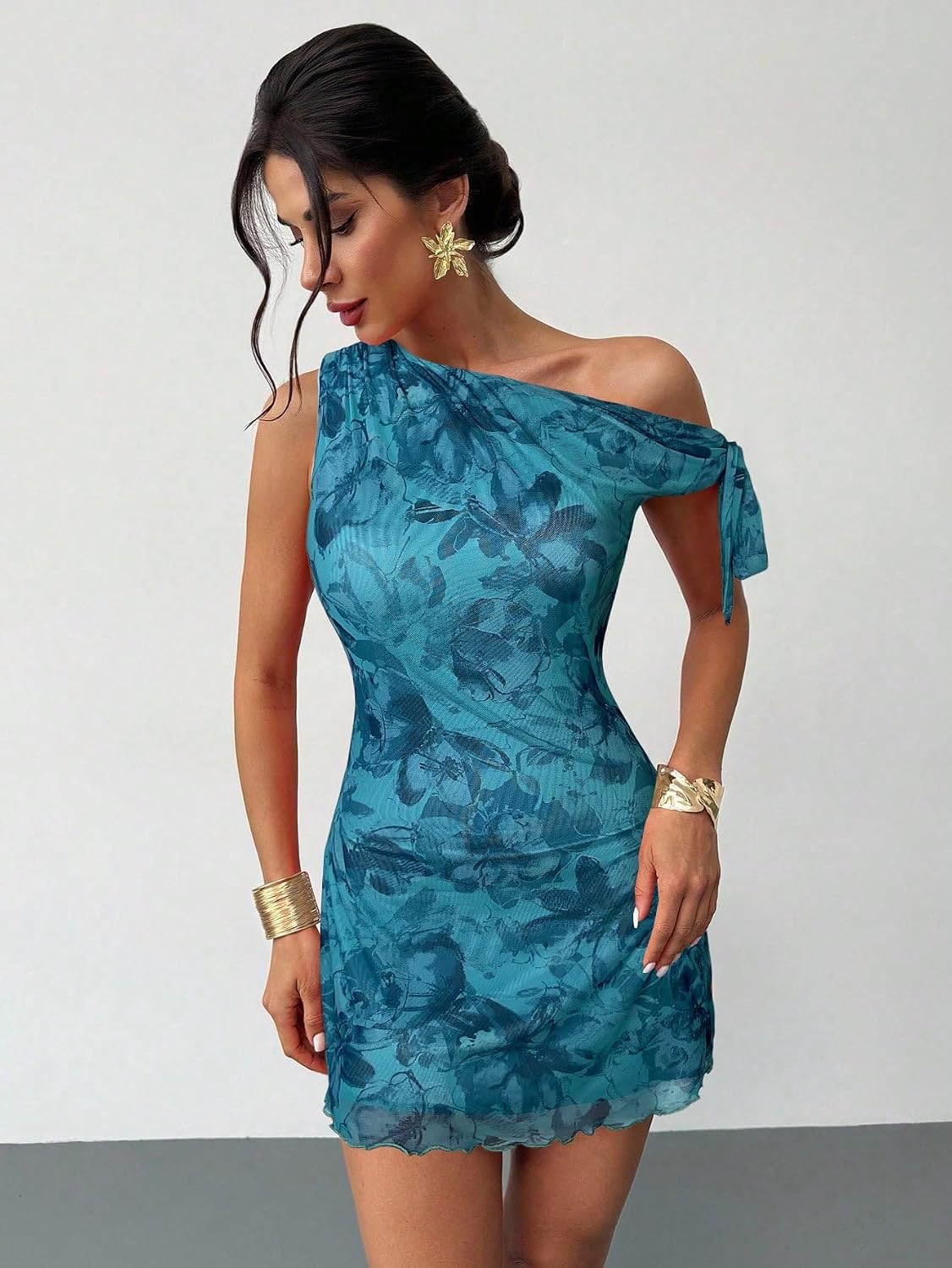 Narecte Women’s One Shoulder Floral Mini Dress Self Tie Summer Dress - Image 6