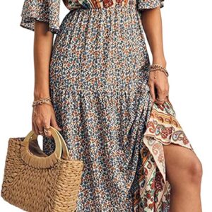 Women’s Summer Casual Maxi Dress Bohemian Floral V Neck Puff Short Sleeve Ethnic Style Beach Tiered Sundress Long Swing Dress