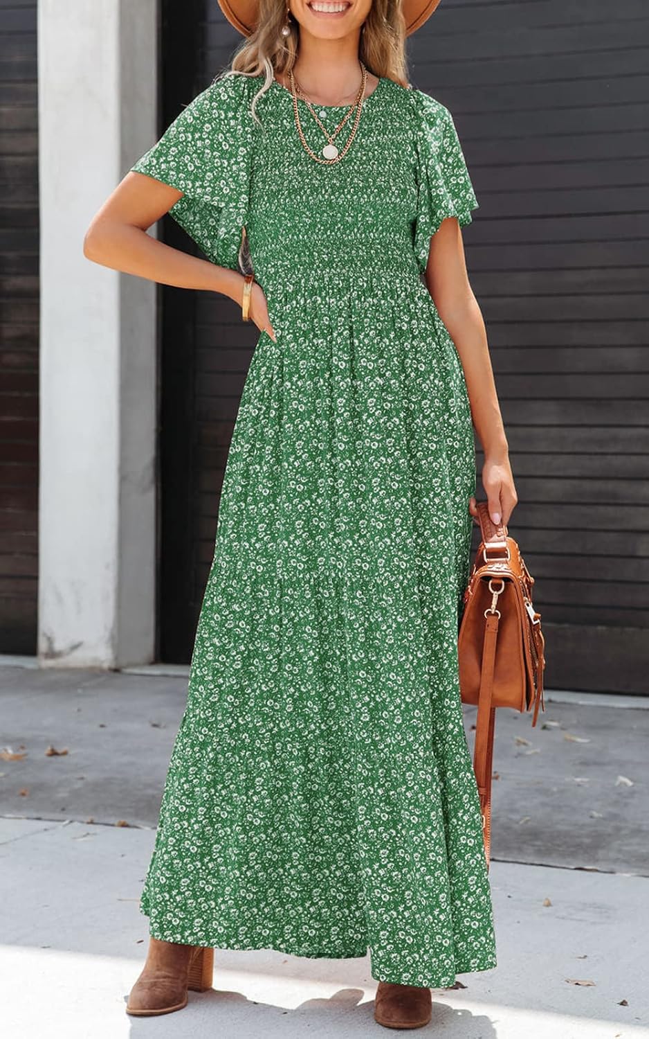 PRETTYGARDEN Women's Smocked Top Summer Dresses for Women 2025 Short Sleeve Floral Maxi Dress for Women Flutter Sleeve Cute Spring Maxi Dress for Women Beach Vacation - Image 3