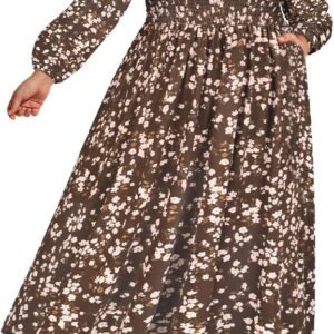 RITERA Plus Size Dresses for Curvy Women Square Neck Fall Long Sleeve Floral Smocked Maxi Dress with Pocket XL-5XL