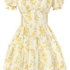 SCARLET DARKNESS Women Mini Floral Dress Square Neck Puff Sleeve Dress