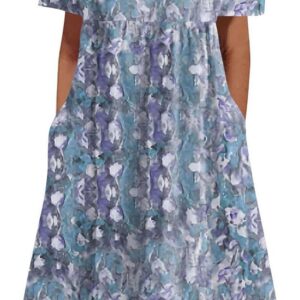 Women’s Short Sleeve Maxi Summer Dresses Round Neck Pullover Dress Elegant Floral Printed Long Dress with Pocket Loose Flowy Hem Boho Dress Beach Daily Wear