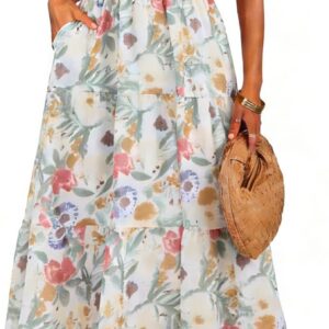 Simplee Women Floral Summer Sun Dress Flutter Sleeve Smocked Chiffon Midi Dress Casual Boho Flowy Dress with Pockets