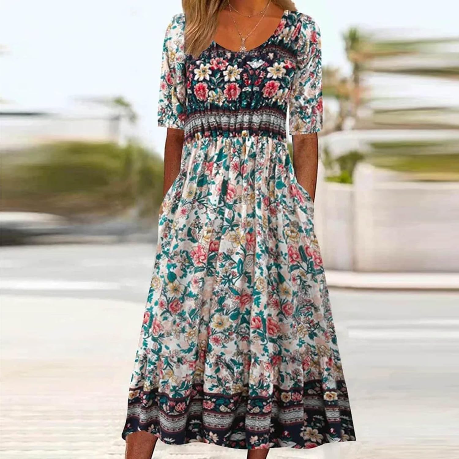 Boho Dresses for Women UK Clearance Italian Short Sleeve Button V Neck Dress with Pocket Ladies Floral Casual Sundress Elegant Swing Midi Dress Loose Pullover Lounge Dresses Beach Holiday Sundress - Image 2