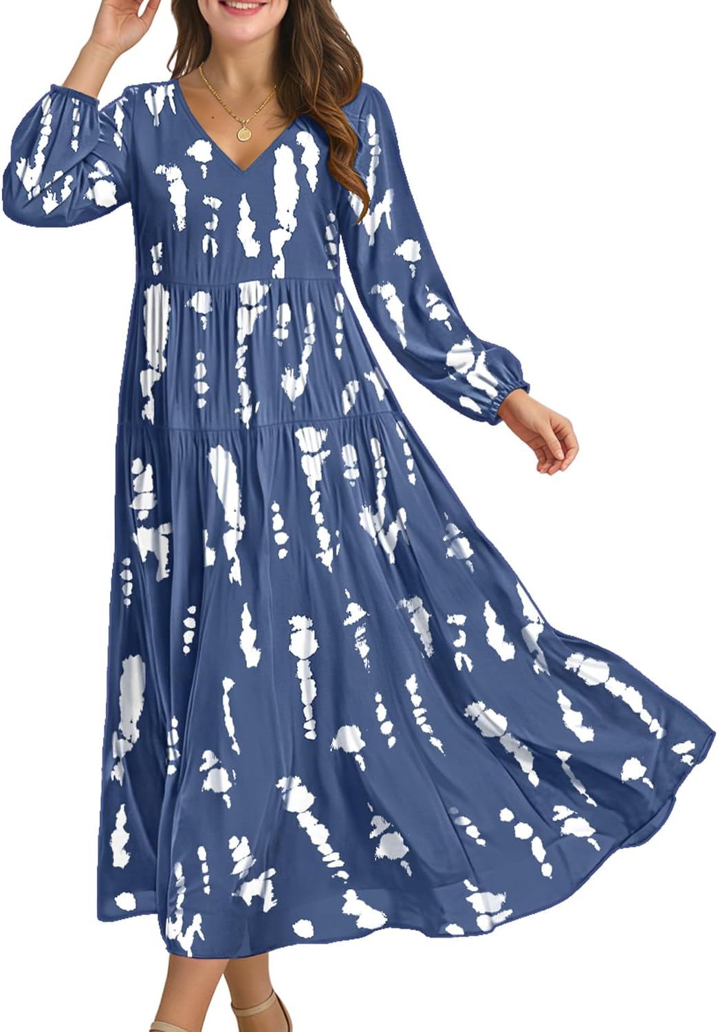 YESNO Women Casual V Neck Long Sleeve Dress with Pockets
