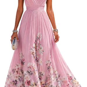 Women’s V Neck Sleeveless Floral Print Chiffon Maxi Dress, Pleated Waist A Line Flowy Formal Evening Gown for Ladies UK, Wedding Guest Dress with Empire Waist, Curvy Long Party Skirt