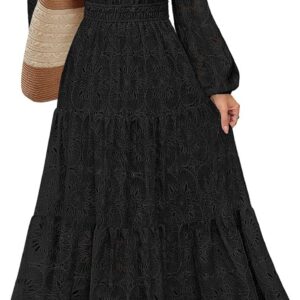 MEROKEETY Women’s Fall Long Sleeve Floral Maxi Dress Lace Eyelet Hollow Out Tiered Boho Wedding Guest Dresses Pockets