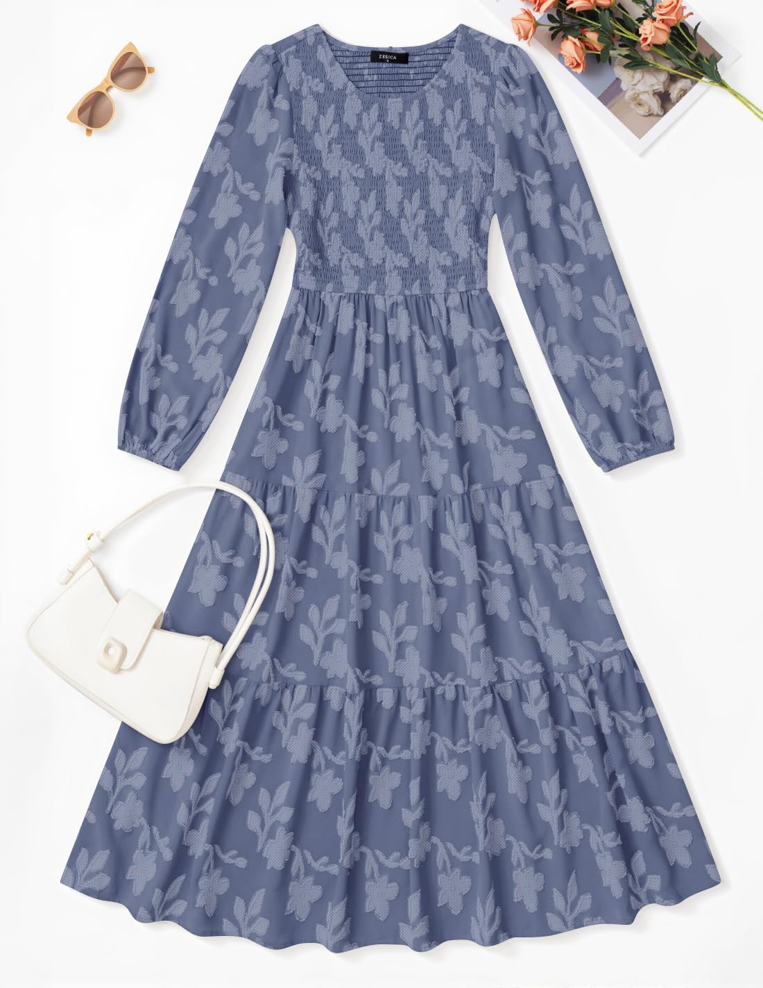 ZESICA Women's Fall Boho Floral Midi Dress 2025 Casual Long Sleeve Crewneck Flowy Wedding Guest Long Dresses - Image 6