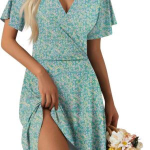 Spring Dress Women Womens’ Summer Casual Boho Floral Printed High Waist Minidress Swing Crossover V-Neck Thigh-High Dresses Loose Fit Short Sleeve Dress