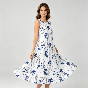 Women’s Floral Sleeveless Maxi Round Neck A-Line Tank Dress White