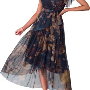 Simplee Womens Summer Floral Maxi Dress 2026 Short Sleeve V Neck Belted Mesh Hem Split Flowy Beach Wedding Guest Dresses