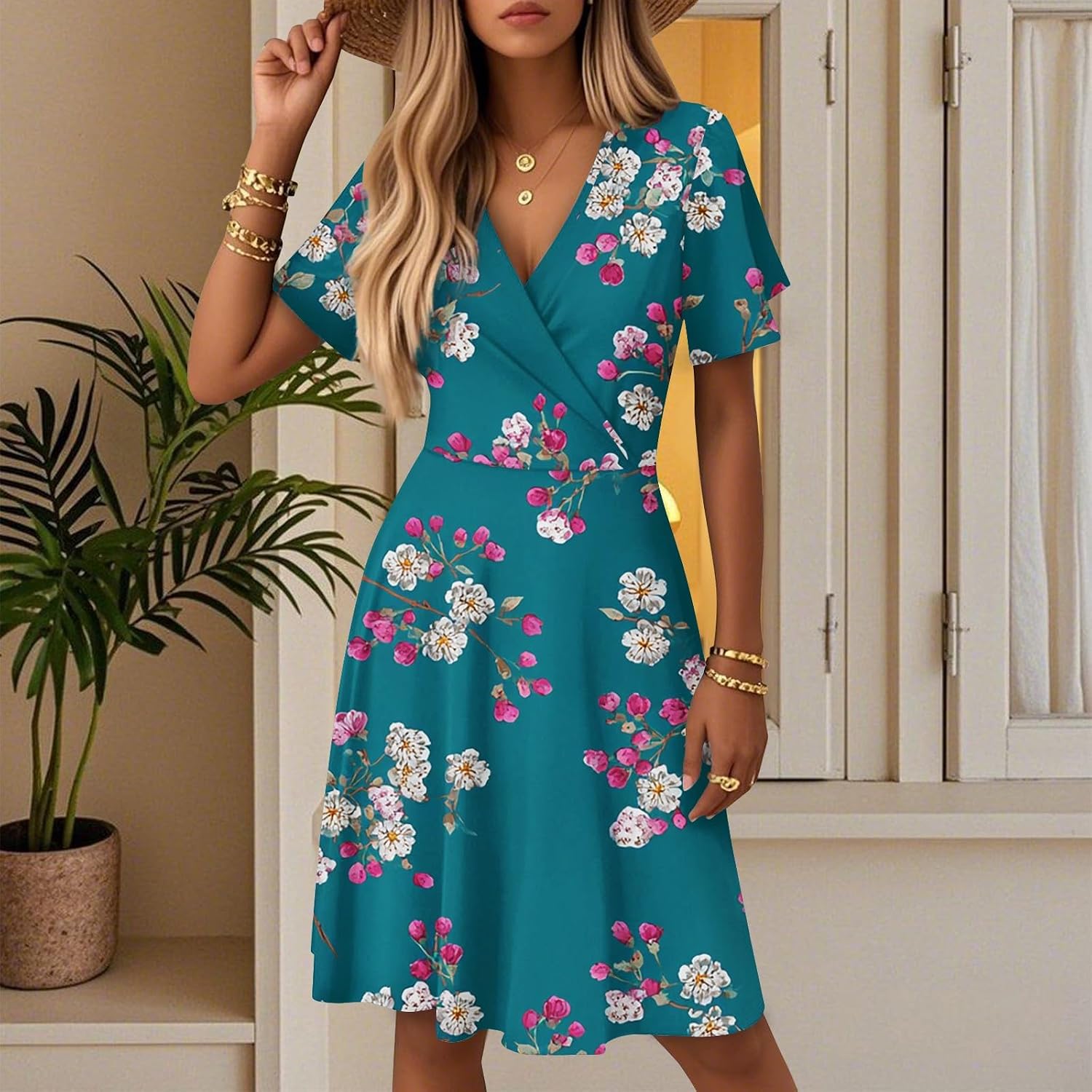 Long Dresses for Women UK Women's Elegant Print V Neck Short Sleeve Midi Dress Summer, Boho Beach Dress Casual High Waist Party Dres Trendy Swing Vacation Dres Holidy Dresss - Image 2