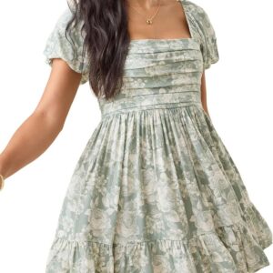 Floral Mini Dress for Women Puff Sleeve Fit and Flare Summer Dresses Casual Slip On Short Sleeve Vacation
