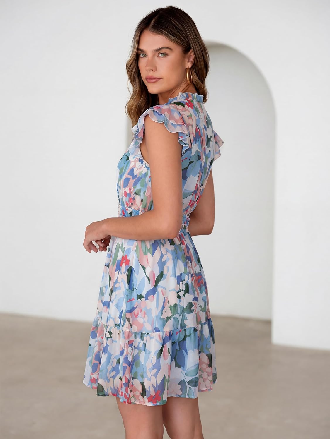 Simplee Womens Summer Casual Boho Dress Ruffle Sleeve V Neck Mini Dresses A Line Fashion Floral Flowy Vacation Sundress 2026 - Image 3