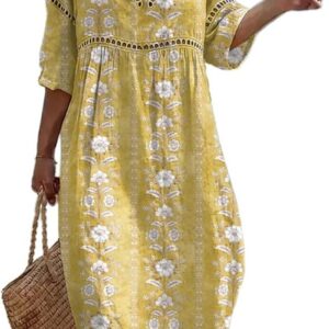 Summer Dresses for Women UK 3/4 Sleeve Print Boho Dress Casual Loose Fit Bohemian Dress Breathable Comfortable Ladies Summer Dresses Elegant Holiday Beach Travel Everyday Wear