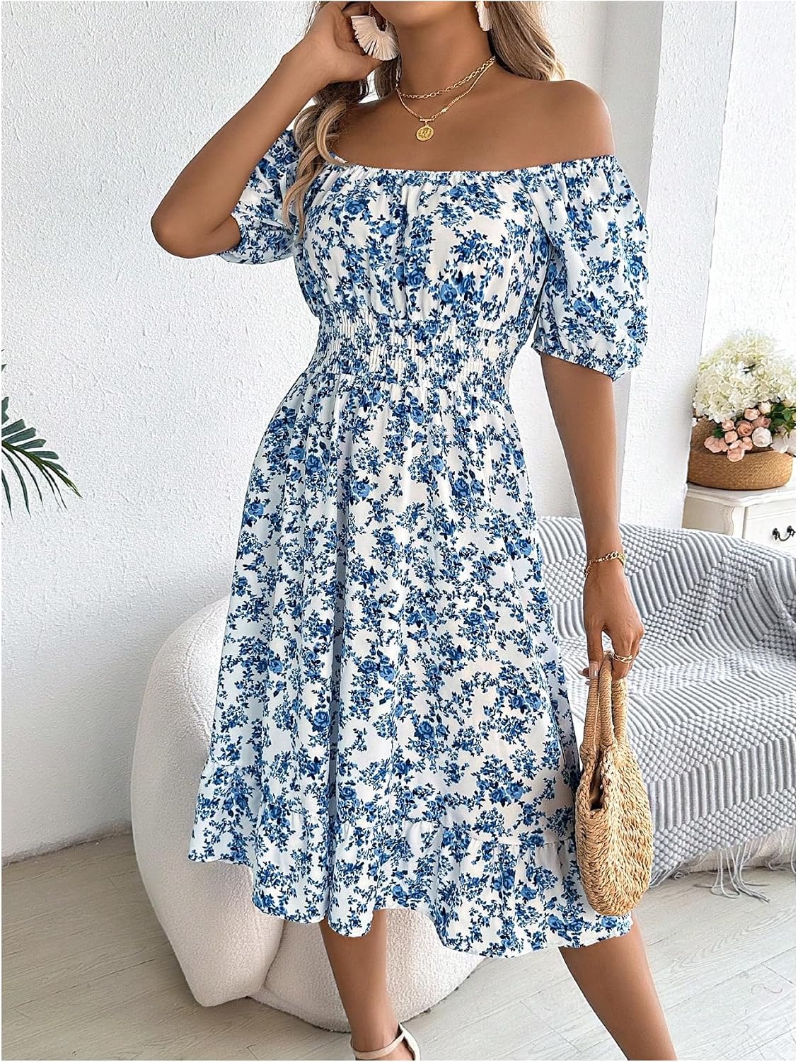 GORGLITTER Women's Floral Flared Midi Milkmaid Dresses Square Neck Puff Sleeve Smocked Flowy Midi A Line Dress - Image 2