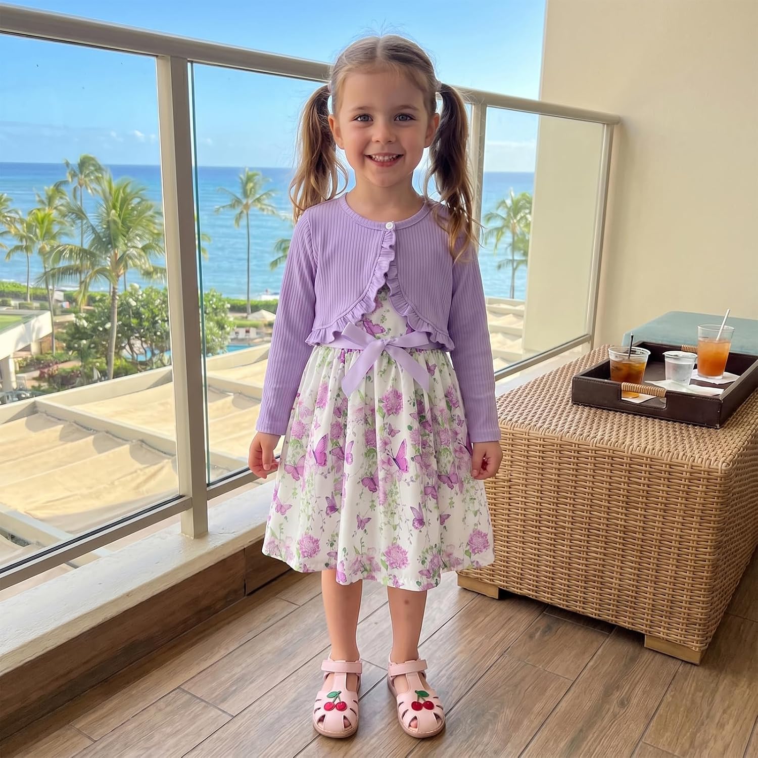 Kids Girls Dress and Cardigan Set Butterfly Floral Sleeveless Tank Sundress Solid Long Sleeve Ruffle Coat Girl Autumn Spring Clothes 2Pcs Outfit - Image 2