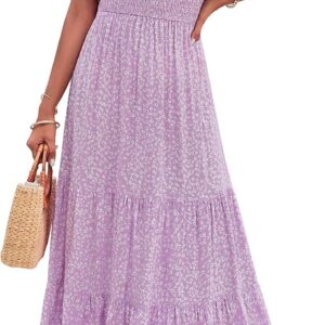 ZESICA Women’s 2025 Summer Casual Floral Print Short Flutter Sleeve Crew Neck Smocked High Waist Flowy Maxi Dress