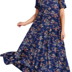 YESNO Women Short Sleeve Boho Summer Maxi Dress with Pockets EJFUK