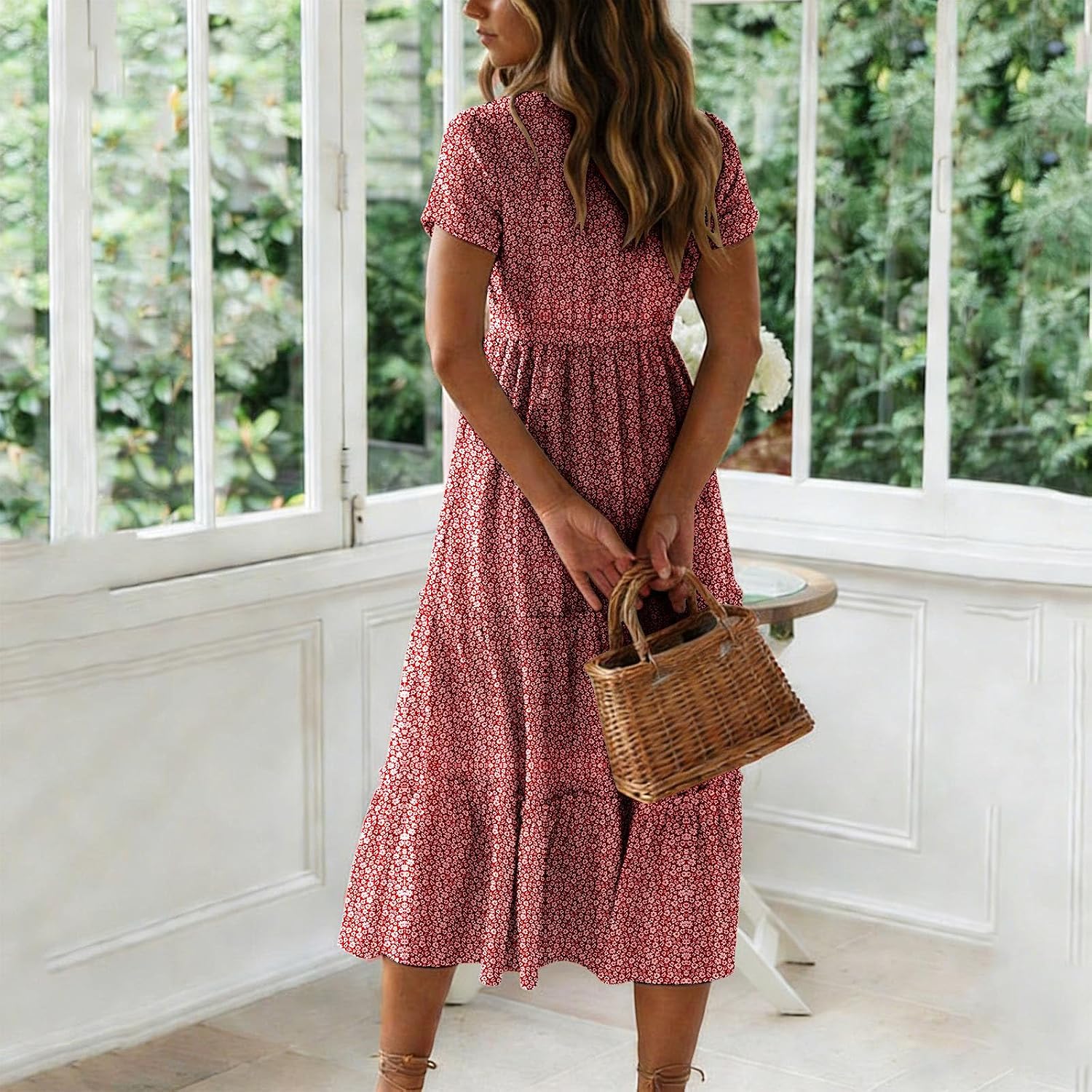 Women's Floral Short Sleeve Midi Dress Square Neck Tiered Casual Summer Flowy Dress - Image 3
