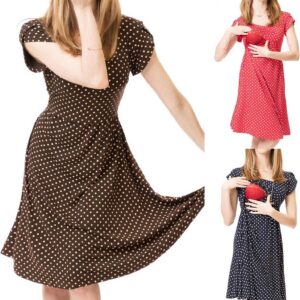 Women Pregnancy Nursing Dress UK Sale Clearance Ladies Polka Dot Gown Maternity Breastfeeding Skirt Short Sleeve Maxi Round Neck Dresses Midi Dress Casual Summer Gown Loose Fit Dresses Plus Size