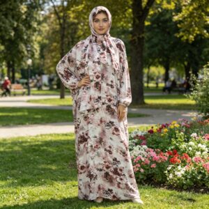 Floral Print Abaya with Matching Scarf, Long Sleeve Loose Modest Maxi Dress for Women, Breathable