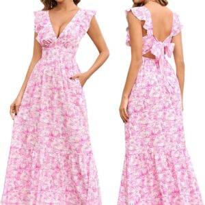 HTZMO Womens Floral Bow Tie Summer Maxi Dresses V Neck Ruffle Flutter Sleeve Casual Boho Long Sundress with Pockets