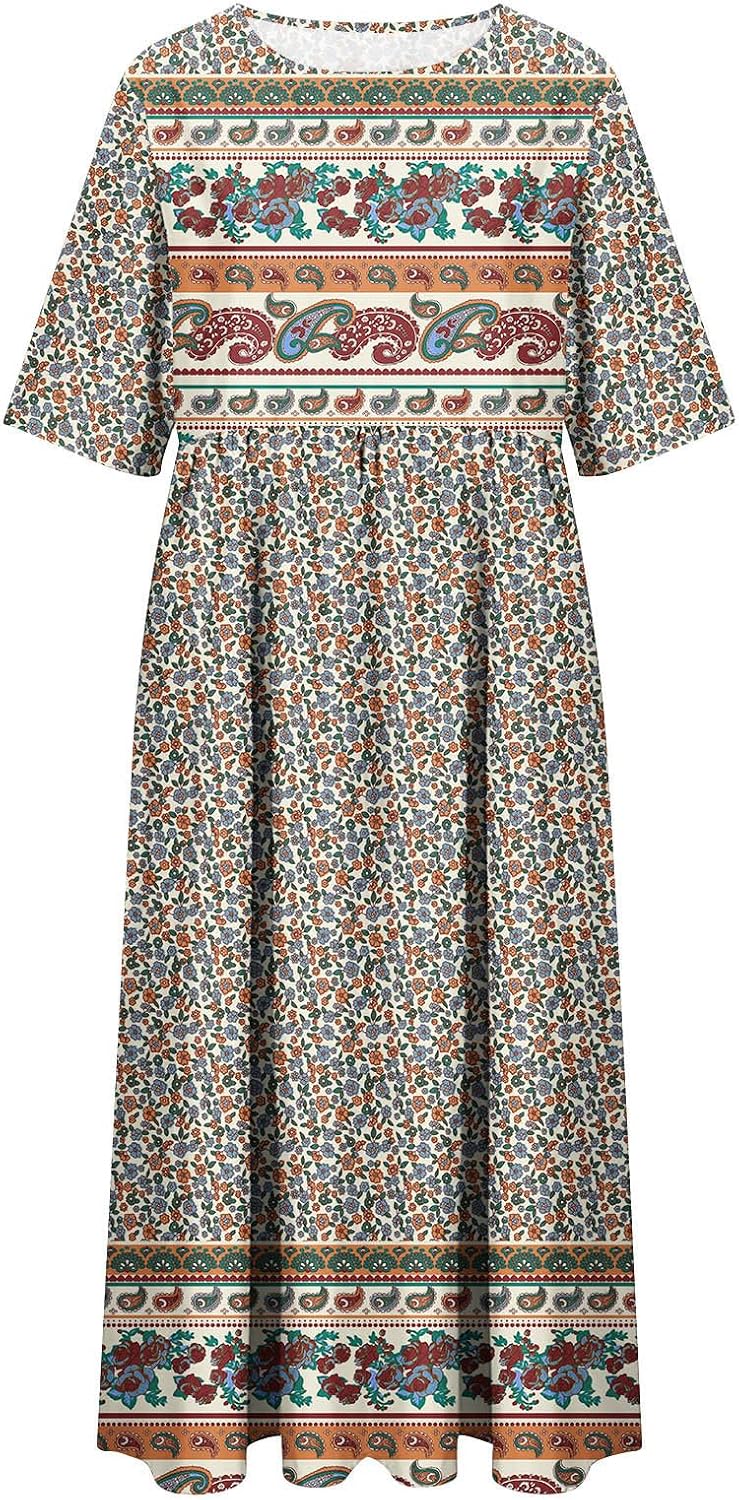 Boho Dresses for Women UK Clearance Italian Short Sleeve Button V Neck Dress with Pocket Ladies Floral Casual Sundress Elegant Swing Midi Dress Loose Pullover Lounge Dresses Beach Holiday Sundress - Image 2